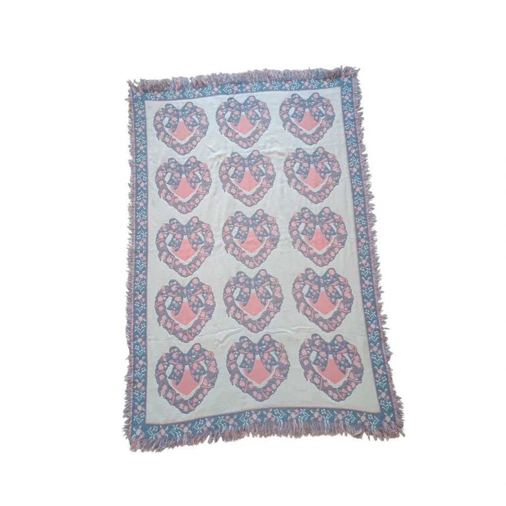 Vtg Granny Knit Cottage Chic Heart Wreath Blanket Reverse 65 x 44